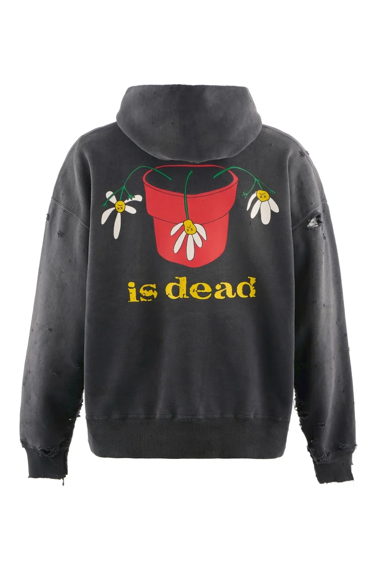 SAINT Mxxxxxx × DE LA SOUL DLS_HOODIE/DE LA SOUL/BLK DE LA SOUL co-branded potted plant destruction hoodie, washed black S-XL, a very important hoodie this season. It embodies the brand philosophy through the humorous potted plant and slogan design. In addition, through a large number of hand-made fraying, cutting and other damage processing, as well as heavy washing and oxidative fading treatment, a perfect Vintage effect is created. Original mold opening Customized co-branded main mark and wash water mark, correct version